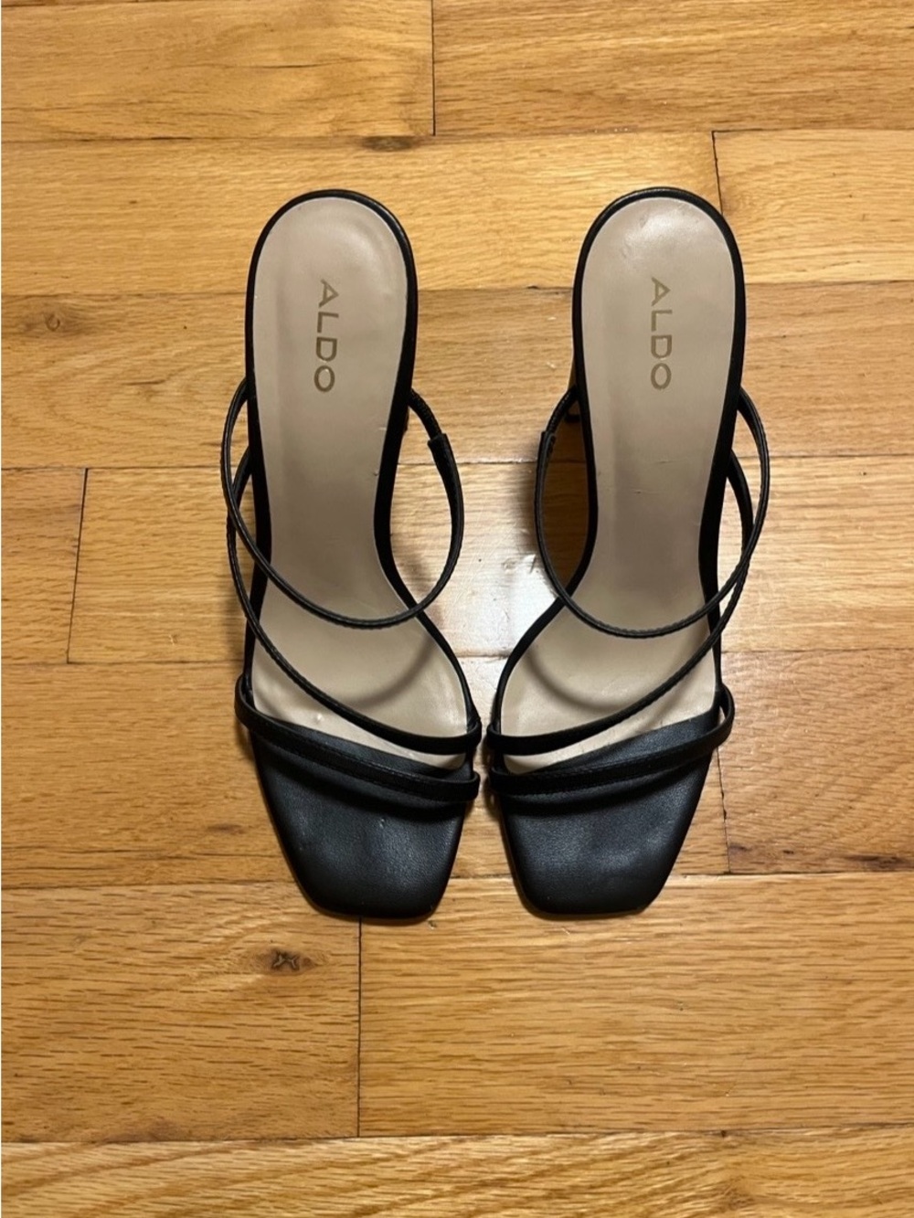 Aldo Black Strappy Square-Toe Heeled Sandals